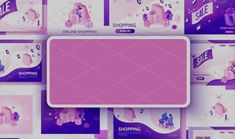 a pink and purple webpage design with lots of different items on the front page