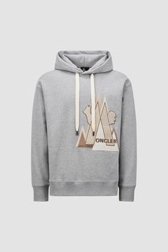 This hooded sweatshirt takes inspiration from the mountains. Fit for lounging at home or for outdoor leisure activities, the hoodie is crafted from cotton fleece and embellished with a logo patch. Moncler Hoodie, Mountain Logo, Mountain Logos, Outdoor Leisure, Leisure Activities, Hoodie Men, Cotton Hoodie, Cotton Fleece, Grey Hoodie