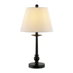 a table lamp with a white shade on it's base and a black stand