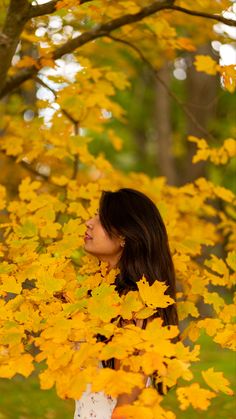 a woman standing under a tree with yellow leaves on it's branches and looking up at the sky