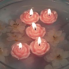 pink candles with white flowers floating on top of water in a glass bowl filled with water