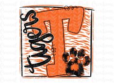 an orange and black tiger print with the letter t