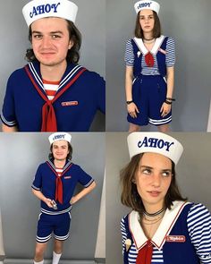 four photos of a woman in sailor outfits with different expressions on her face and chest