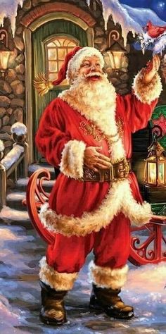 a painting of santa holding a bird in his hand