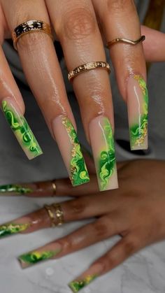 Jamaica Nails, Feather Nails, Green Acrylic Nails, Ombre Acrylic Nails, Acrylic Nails Coffin Pink, Long Square Acrylic Nails