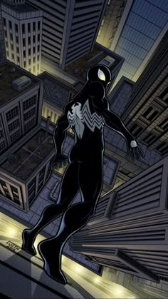 a black spider - man standing on top of a building in the city at night