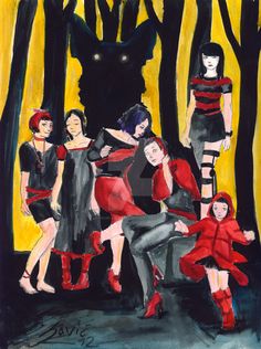 an image of a group of women in red and black outfits sitting on a bench