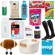 various items that include shoes, toiletries and other household care products are shown in this image