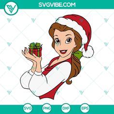 a woman wearing a santa hat and holding a present box with the word svg file