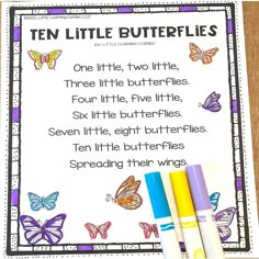 the ten little butterflies worksheet is shown with crayons and markers on it