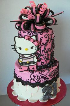 a hello kitty birthday cake with pink and black decorations