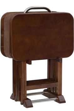 a wooden case sitting on top of a metal stand with two legs and a handle