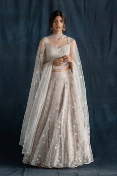 Lavanya Ahuja | Soft Grey Embroidered Lehenga Set | INDIASPOPUP.COM Luxury Unstitched Lehenga In Slub Silk, Contemporary Lehenga Designs, Pastel Lengha, Lehenga Drape, Silver Lehenga, Party Lehenga, Wedding Lengha, Dupatta Draping, Grey Lehenga