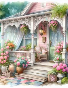 a painting of a pink house with flowers and potted plants on the front porch