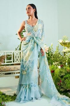 Shop for Mani Bhatia Blue Satin Aria Floral Print Ruffle Saree Set for Women Online at Aza Fashions Blue Ruffle Saree, Mermaid Saree, Cinderella Fashion, Ruffled Saree, Long Blouse Designs, Floral Print Sarees, Saree Style, Set Saree, Draping Fashion