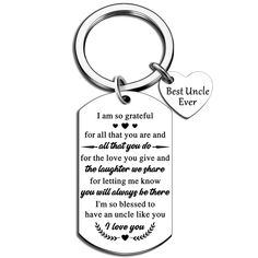 a keychain with the words best uncle ever and two hearts in each one