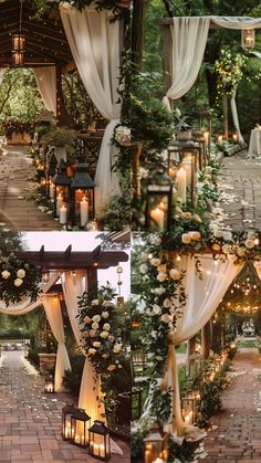 Outdoor wedding aisle with rustic lanterns, floral arches, elegant drapery, personalized signs, lush greenery, romantic candlelight, and unique aisle runners. Wedding Aisle Lighting, Rustic Decoration Wedding, Wedding Altar Decorations Outdoor, Garden Wedding Aisle Decorations, Unique Aisle Decorations Wedding, Front Porch Wedding Decorations, Wedding Aisle With Lanterns, Wedding Lanterns Aisle, Outside Wedding Aisle