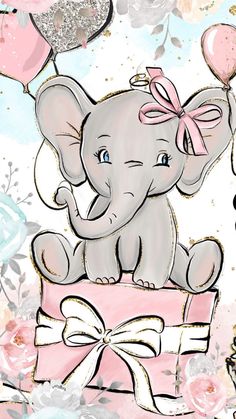 an elephant sitting on top of a pink box with balloons in the sky behind it