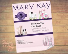 an advertisement for mary kay's 5 products you can trust on top of a wooden table