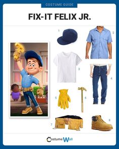 a costume guide for a man in blue shirt and jeans with yellow gloves, hat and boots