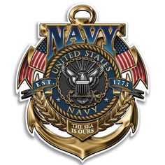 the navy emblem with an american flag and anchor is shown in blue, white, and gold