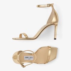 Italian-crafted in gold liquid leather, this metallic sandal is an occasion wardrobe must-have. A sharp square toe and a delicate ankle strap complements a sophisticated ensemble. Liquid metal Ankle strap with buckle fastening Square toe Slim heel Heel height measures: 85mm/3.3 inches Made in Italy By purchasing this product, you are supporting sustainable leather manufacturing through the Leather Working Group Jimmy Choo Gold, Jimmy Choo Sandals, Sustainable Leather, Metallic Sandals, Beautiful Gift Wrapping, Color Dorado, Leather Working, Harrods, Leather Sandals