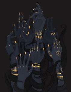 several hands with glowing fingers in the dark