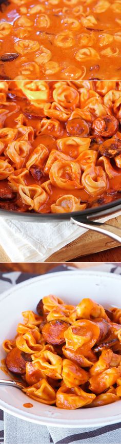 there are two different pictures of food in the same pan and one is filled with sauce