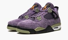 The Women’s Air Jordan 4 “Canyon Purple" is a women’s-exclusive colorway of Michael Jordan’s fourth signature shoe that replaces its traditional leather construction with suede detailing.  A bold new look for the Jordan 4, the “Canyon Purple” completely overhauls the shoe’s original leather construction with purple suede.  The shoe’s entire upper appears in Canyon Purple hairy suede.  Purple netting is found on the tongue and mid-panel.  Green plastic lace overlays with speckled detailing contra Air Jordan 4 Canyon Purple, Jordan 4 Retro Canyon Purple, Jordan 4 Canyon Purple, Plastic Lace, Jordan Retro 1, Womens Air Jordans, Purple Shoes, Jordan 4 Retro, Air Jordan 4