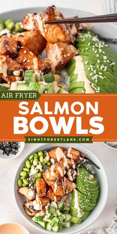 Looking for a new weeknight dinner recipe? These Air Fryer Salmon Bowls are best served over a bed of white sushi rice, avocado, cucumber, edamame, and a spicy sriracha mayonnaise. Add these healthy bowls to your easy dinner recipes for weeknights! Salmon Air Fryer Bowl, Air Fry Salmon Bowl, Air Fryer Salmon Bowl Recipes, Airfryer Salmon Bowl, Baked Salmon Rice Bowl, Salmon Power Bowl Recipes, Salmon Recipes Bowl, Healthy Recipes Salmon, High Protein Salmon Bowl