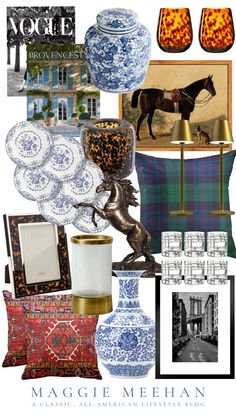 a collage of blue and white items including vases, lamps, pictures, and other things