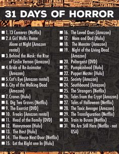 the 31 days of horror list is shown in black and orange with white writing on it