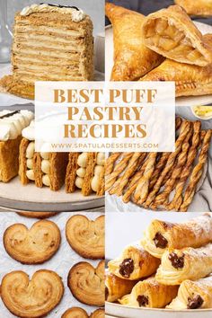 pastries and desserts are arranged on plates with the words best puff pastry recipes