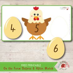 an easter themed place card with the number four and chicken on it, next to eggs