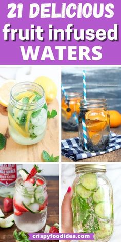 the best fruit infused water is in mason jars with strawberries, cucumbers and lemons