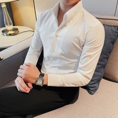 Men Spring and Autumn High Quality Business Dress Shirts/Male Slim Fit Luxury Dress Shirt Male Formal Button-Down Collar Shirt Business Dress Shirts, Fits Streetwear, Collar Shirt Men, Formal Shirt Dress, Streetwear Shirts, Spandex Shirts, Shirt Casual Style, Men Spring, Business Dress