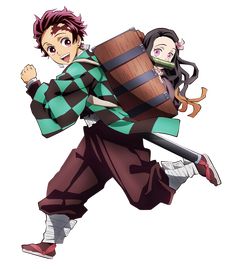 an anime character is carrying a barrel on his back