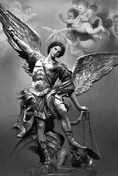 an angel statue with chains around it's neck and wings on top of him