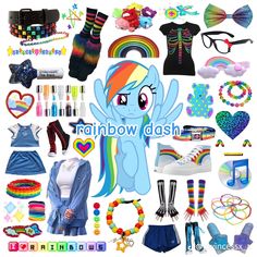 an image of a rainbow dash costume and accessories on display with the words rainbow dash