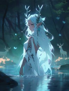 a woman with long white hair standing in the water surrounded by trees and deers