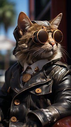 a cat wearing sunglasses and a leather jacket