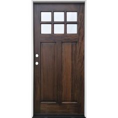 a wooden door with glass panels on the top and bottom panel, against a white background