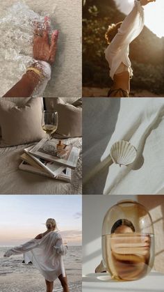 a collage of photos with woman in white dress and wine glass on the beach