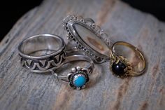 "These rings are vintage handcrafted and were restored by me. The Vintage Mexican Sterling Silver band is size 7 and is 8mm tall. It is stamped \"925\".  The Vintage Abalone and Sterling Silver Pendant Ring measures 31mm tall and 13mm wide. The band is 10g and the back is stamped \"Guad Mex 925 - R G\". Size 7.5. The Vintage Bell Trading Post Turquoise Ring is stamped \"Sterling\" and is size 5.75. The gold plated ring has a black tourmaline set in a 12g band. Ring is stamped \" 18kt hge espo\" Vintage One-of-a-kind Wedding Rings, Vintage One-of-a-kind Rings For Anniversary, Vintage Handmade Ring Jewelry, Vintage Untreated Oval Jewelry, Handmade Vintage Ring Jewelry, Vintage Stackable Jewelry For Anniversary, Vintage Oval Turquoise Ring, Vintage Gemstone Jewelry For Jewelry Making, Handmade Vintage Style Ring