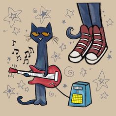 a drawing of a cat playing the guitar next to a person's feet and shoes