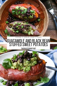 an image of stuffed sweet potatoes with guacamole and black bean toppings