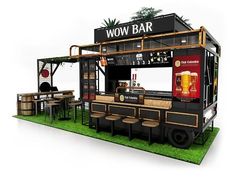 an outdoor bar with tables and stools in front of it, next to a sign that says wow bar