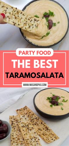 party food taramosalata dip recipe for parties with pita chips and olives