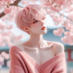 a woman with pink hair and blue eyes standing under a tree filled with pink flowers