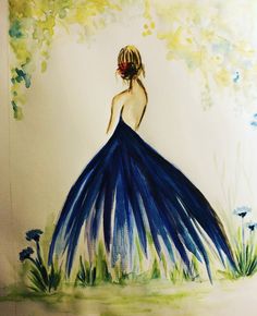 a drawing of a woman in a blue dress sitting on the grass with her back to the camera